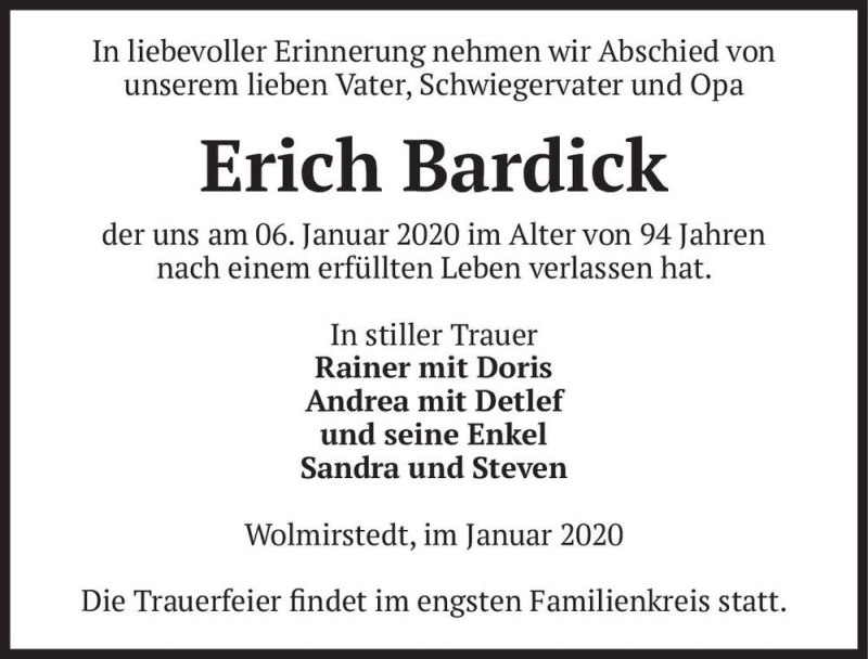  Traueranzeige für Erich Bardick  vom 18.01.2020 aus Magdeburger Volksstimme