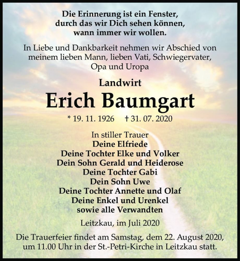  Traueranzeige für Erich Baumgart  vom 08.08.2020 aus Magdeburger Volksstimme