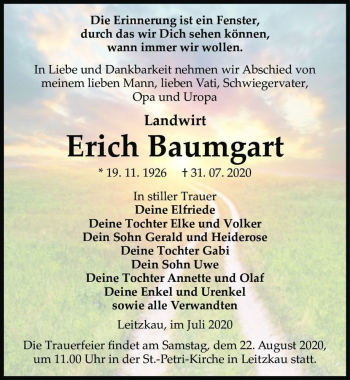Traueranzeige von Erich Baumgart  von Magdeburger Volksstimme