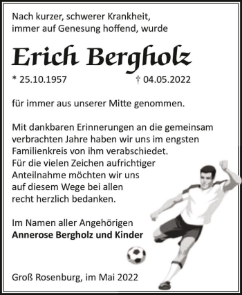 Traueranzeige von Erich Bergholz  von Magdeburger Volksstimme