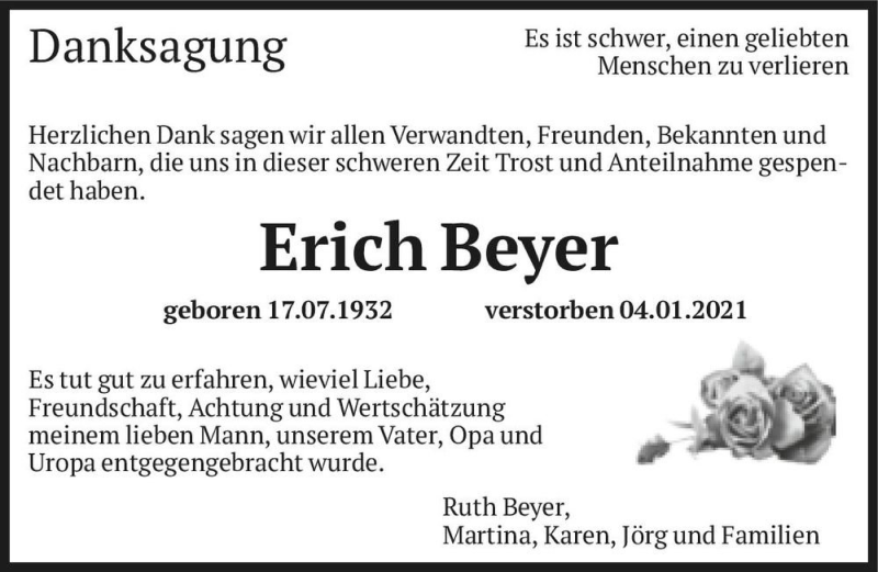  Traueranzeige für Erich Beyer  vom 27.02.2021 aus Magdeburger Volksstimme