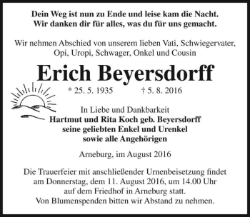 Traueranzeige von Erich Beyersdorff  von Magdeburger Volksstimme