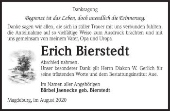 Traueranzeige von Erich Bierstedt  von Magdeburger Volksstimme