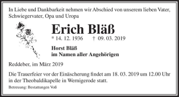 Traueranzeige von Erich Bläß  von Magdeburger Volksstimme