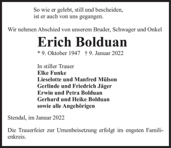 Traueranzeige von Erich Bolduan  von Magdeburger Volksstimme
