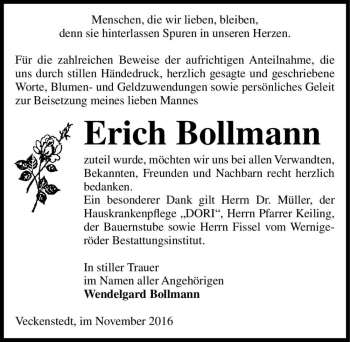 Traueranzeige von Erich Bollmann  von Magdeburger Volksstimme