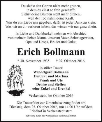 Traueranzeige von Erich Bollmann  von Magdeburger Volksstimme