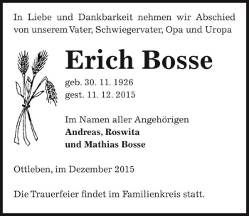 Traueranzeige von Erich Bosse  von Magdeburger Volksstimme