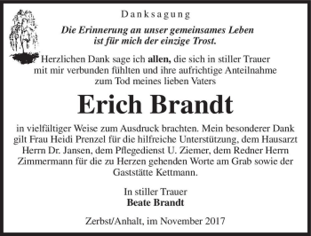 Traueranzeige von Erich Brandt  von Magdeburger Volksstimme