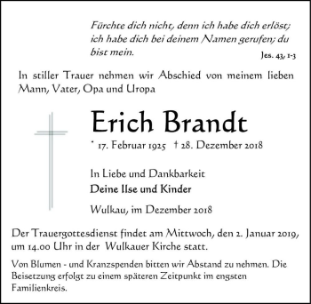 Traueranzeige von Erich Brandt  von Magdeburger Volksstimme