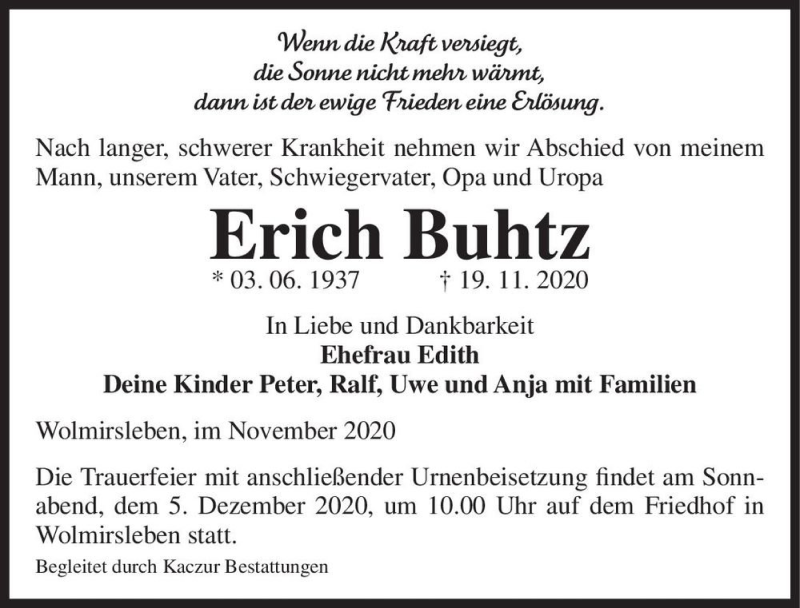  Traueranzeige für Erich Buhtz  vom 28.11.2020 aus Magdeburger Volksstimme