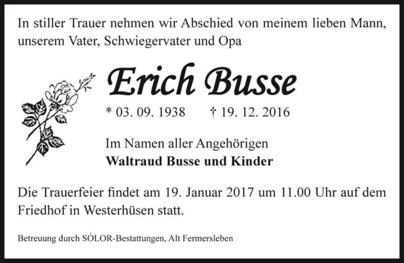  Traueranzeige für Erich Busse  vom 07.01.2017 aus Magdeburger Volksstimme