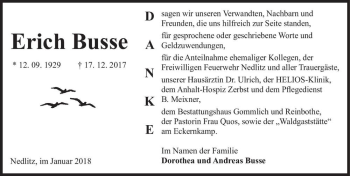Traueranzeige von Erich Busse  von Magdeburger Volksstimme