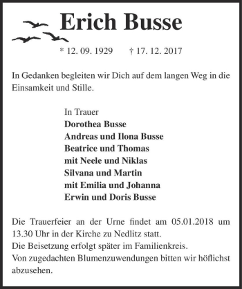 Traueranzeige von Erich Busse  von Magdeburger Volksstimme