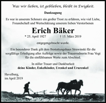 Traueranzeige von Erich Bäker  von Magdeburger Volksstimme