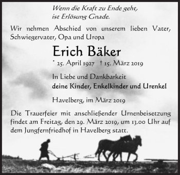 Traueranzeige von Erich Bäker  von Magdeburger Volksstimme