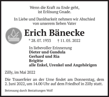 Traueranzeige von Erich Bänecke  von Magdeburger Volksstimme