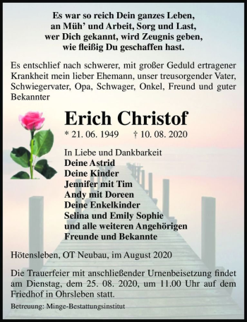 Traueranzeige von Erich Christof  von Magdeburger Volksstimme