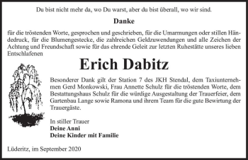 Traueranzeige von Erich Dabitz  von Magdeburger Volksstimme