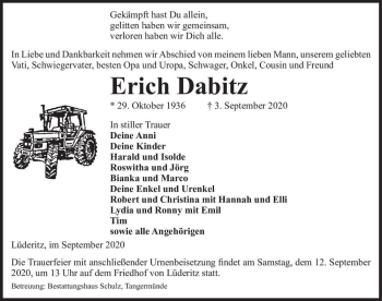 Traueranzeige von Erich Dabitz  von Magdeburger Volksstimme