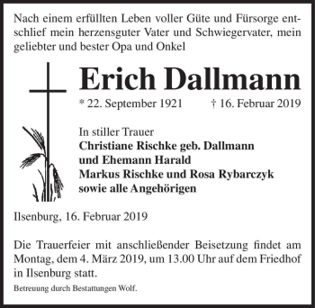 Traueranzeige von Erich Dallmann  von Magdeburger Volksstimme
