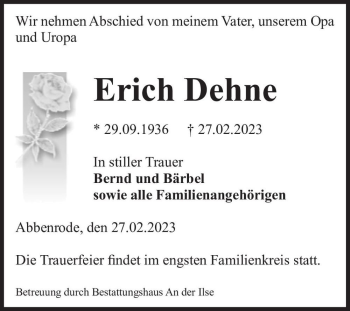 Traueranzeige von Erich Dehne  von Magdeburger Volksstimme