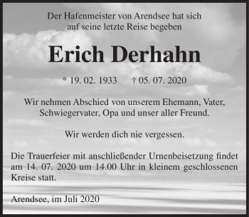 Traueranzeige von Erich Derhahn  von Magdeburger Volksstimme