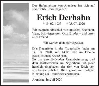 Traueranzeige von Erich Derhahn  von Magdeburger Volksstimme