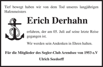 Traueranzeige von Erich Derhahn  von Magdeburger Volksstimme