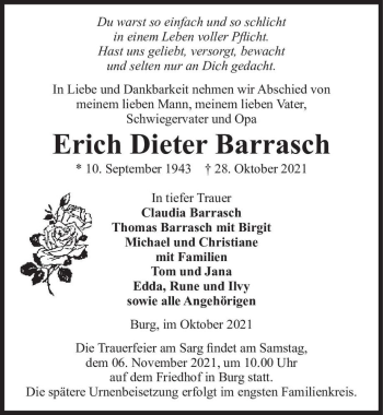 Traueranzeige von Erich Dieter Barrasch  von Magdeburger Volksstimme