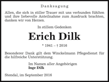 Traueranzeige von Erich Dilk  von Magdeburger Volksstimme