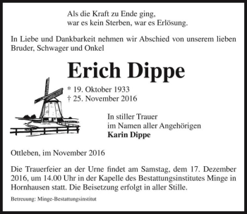 Traueranzeige von Erich Dippe  von Magdeburger Volksstimme