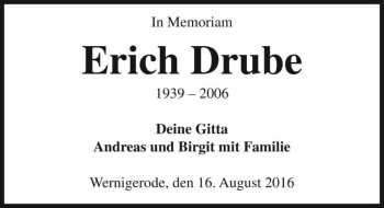 Traueranzeige von Erich Drube  von Magdeburger Volksstimme