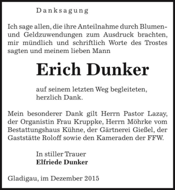 Traueranzeige von Erich Dunker  von Magdeburger Volksstimme