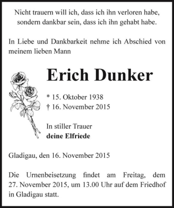 Traueranzeige von Erich Dunker  von Magdeburger Volksstimme