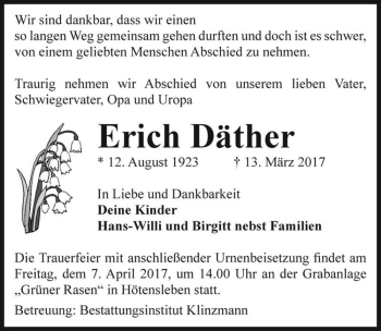 Traueranzeige von Erich Däther  von Magdeburger Volksstimme