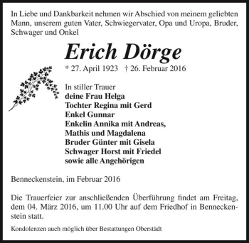 Traueranzeige von Erich Dörge  von Magdeburger Volksstimme