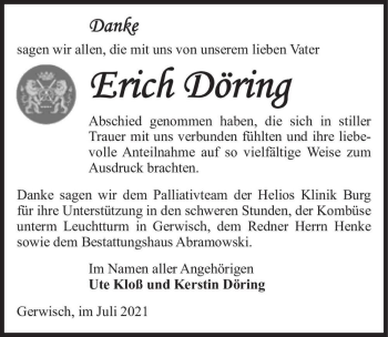 Traueranzeige von Erich Döring  von Magdeburger Volksstimme