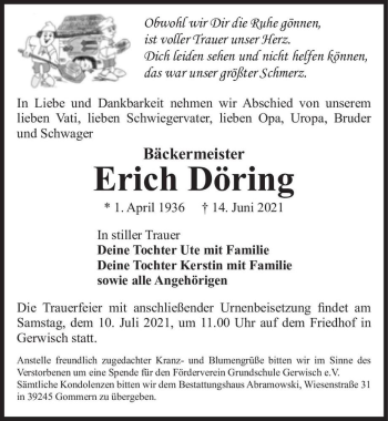 Traueranzeige von Erich Döring  von Magdeburger Volksstimme