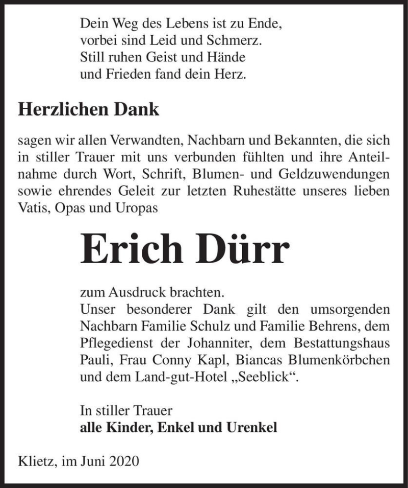  Traueranzeige für Erich Dürr  vom 13.06.2020 aus Magdeburger Volksstimme