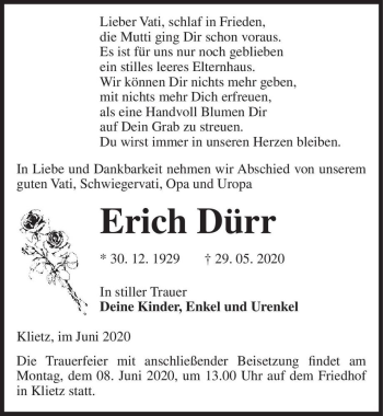 Traueranzeige von Erich Dürr  von Magdeburger Volksstimme