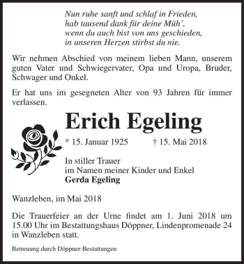 Traueranzeige von Erich Egeling  von Magdeburger Volksstimme