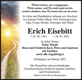 Traueranzeige von Erich Eisebitt  von Magdeburger Volksstimme