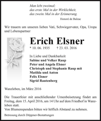 Traueranzeige von Erich Elsner  von Magdeburger Volksstimme