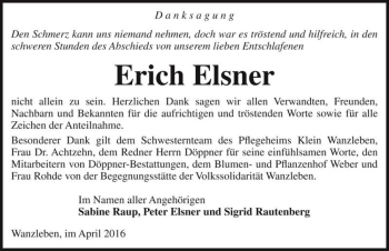 Traueranzeige von Erich Elsner  von Magdeburger Volksstimme