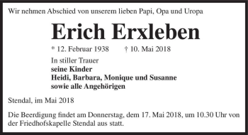 Traueranzeige von Erich Erxleben  von Magdeburger Volksstimme