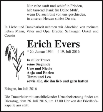 Traueranzeige von Erich Evers  von Magdeburger Volksstimme