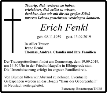 Traueranzeige von Erich Fenkl  von Magdeburger Volksstimme