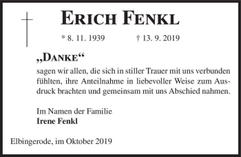 Traueranzeige von Erich Fenkl  von Magdeburger Volksstimme