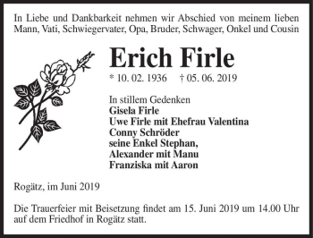 Traueranzeige von Erich Firle  von Magdeburger Volksstimme